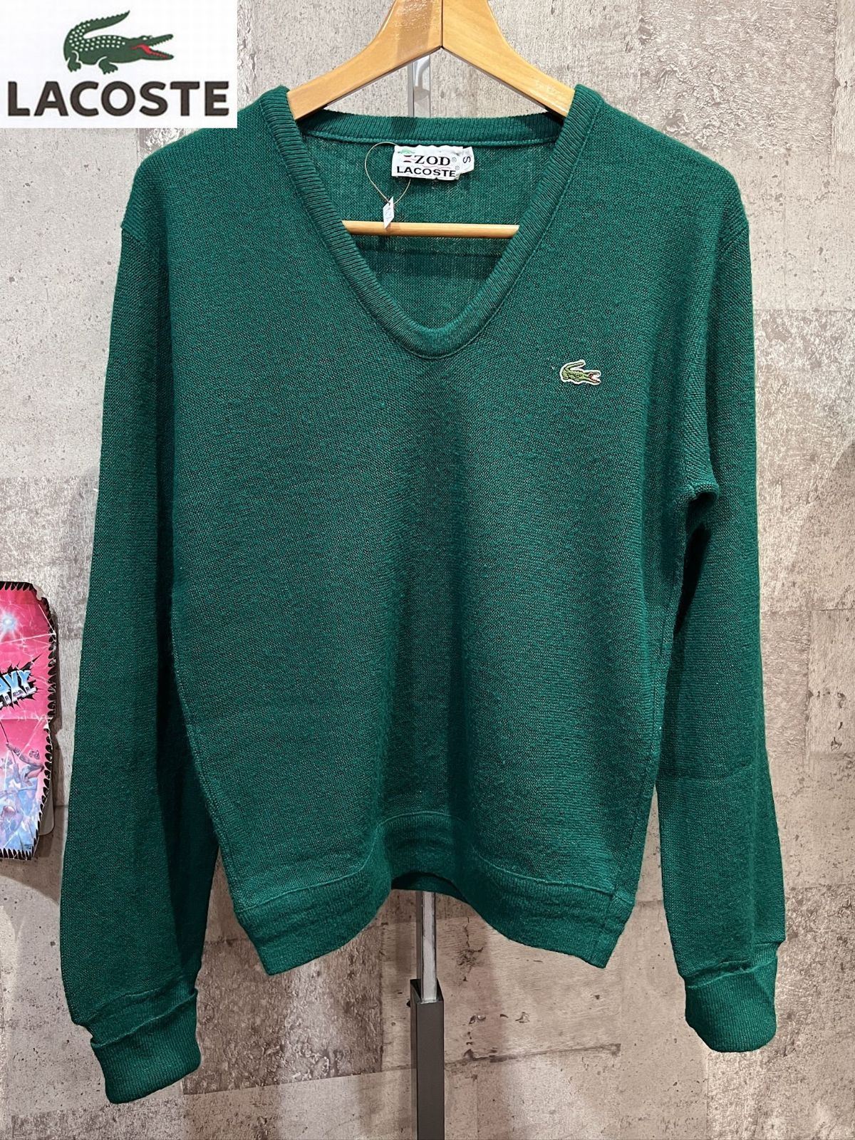 80s 米国製 ビンテージ 糸巻タグ IZOD ラコステ Vネック グリーン 70'S 糸巻きタグ USA製 IZOD LACOSTE Vネック アクリル ニット