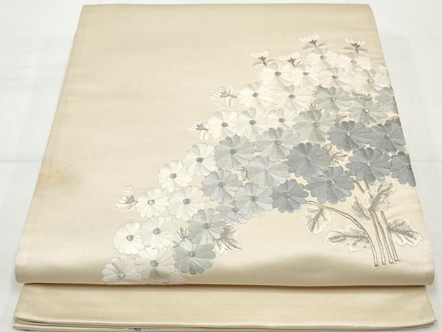 平和屋着物◎太鼓柄袋帯 総刺繍 枝花文 銀糸 正絹 逸品
