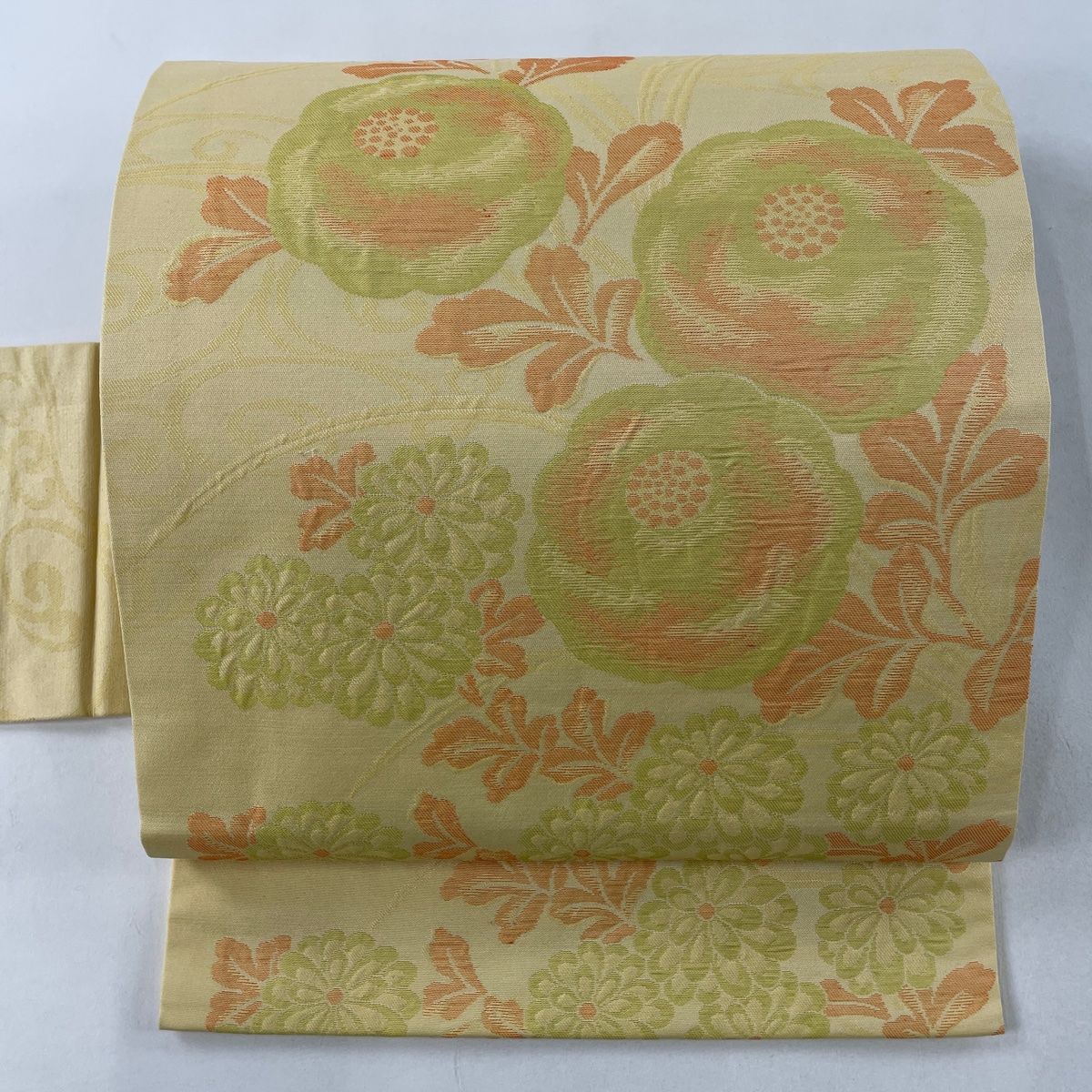 名古屋帯 美品 優品 紬地 菊 薄黄 正絹 【中古】