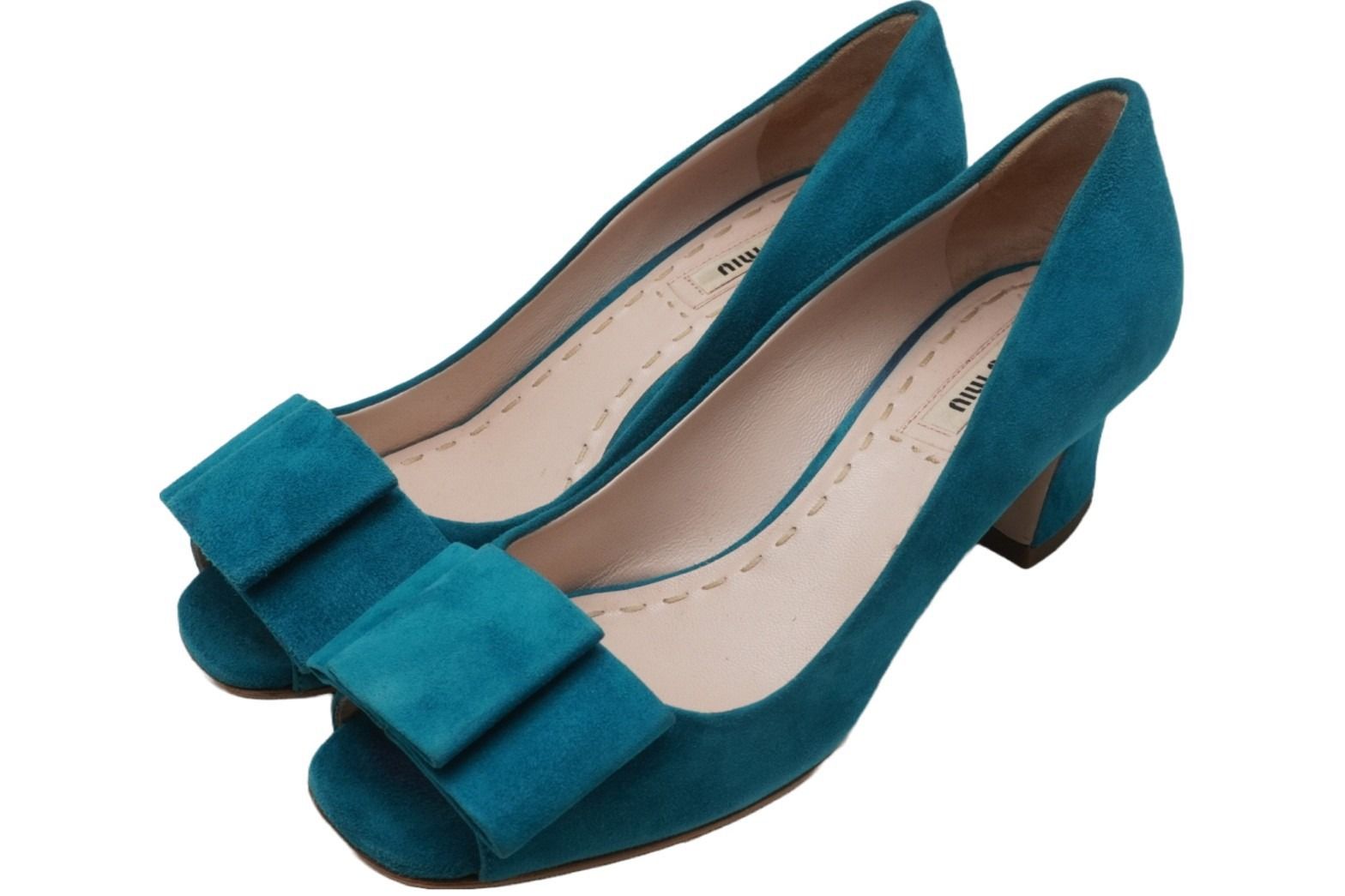 MIUMIU ミュウミュウ スエード パンプス ターコイズブルー シューズ 靴 ロゴ デザイン サイズ35 美品 中古 51241