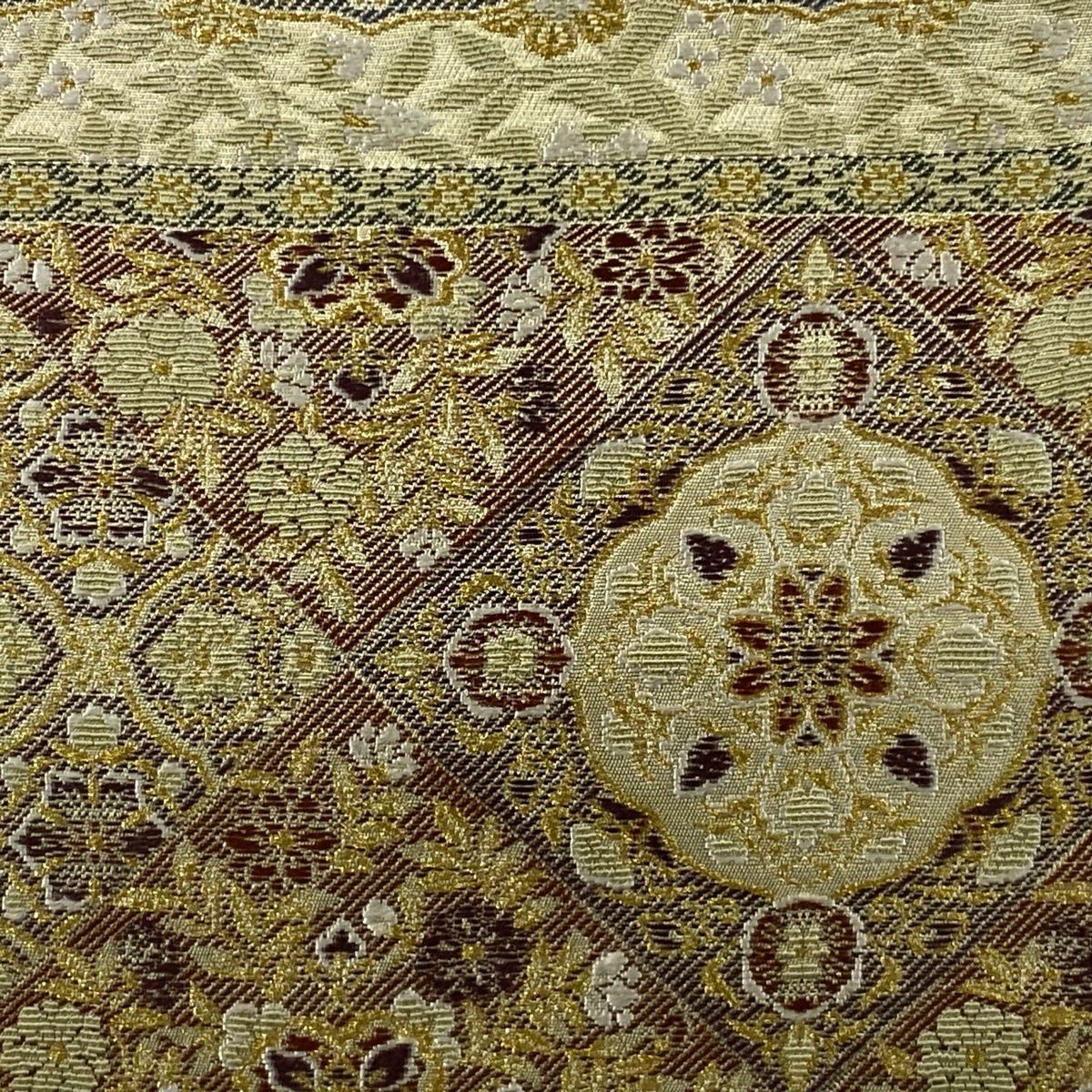 袋帯 美品 秀品 華文 草花 金糸 刺繍 抹茶色 六通 正絹 【中古