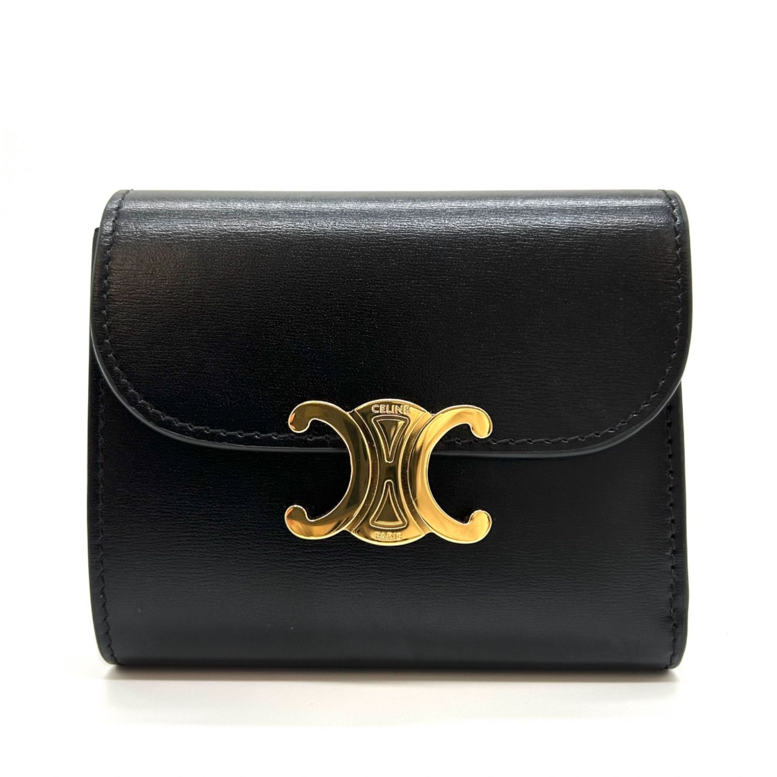 CELINE セリーヌ トリオンフ フラップウォレット レザー 三つ折り財布 ブラック ゴールド金具 レディース コンパクトウォレット 財布 ミニ財布 スモール