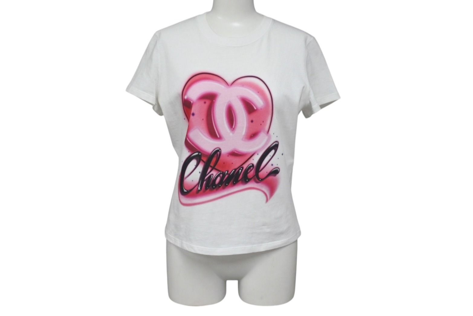 CHANEL シャネル ハートココマーク 半袖Tシャツ P74383K10851 サイズXS スプレー ラインストーン ピンク ホワイト 4b001109