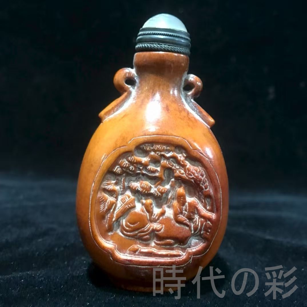 中国古美術 老鹿角雕 人物故事鼻煙壺 細密彫刻 包漿厚重 時代物 古董品 蔵友館蔵品 細工 古置物 縁起物 時代物 R07092115