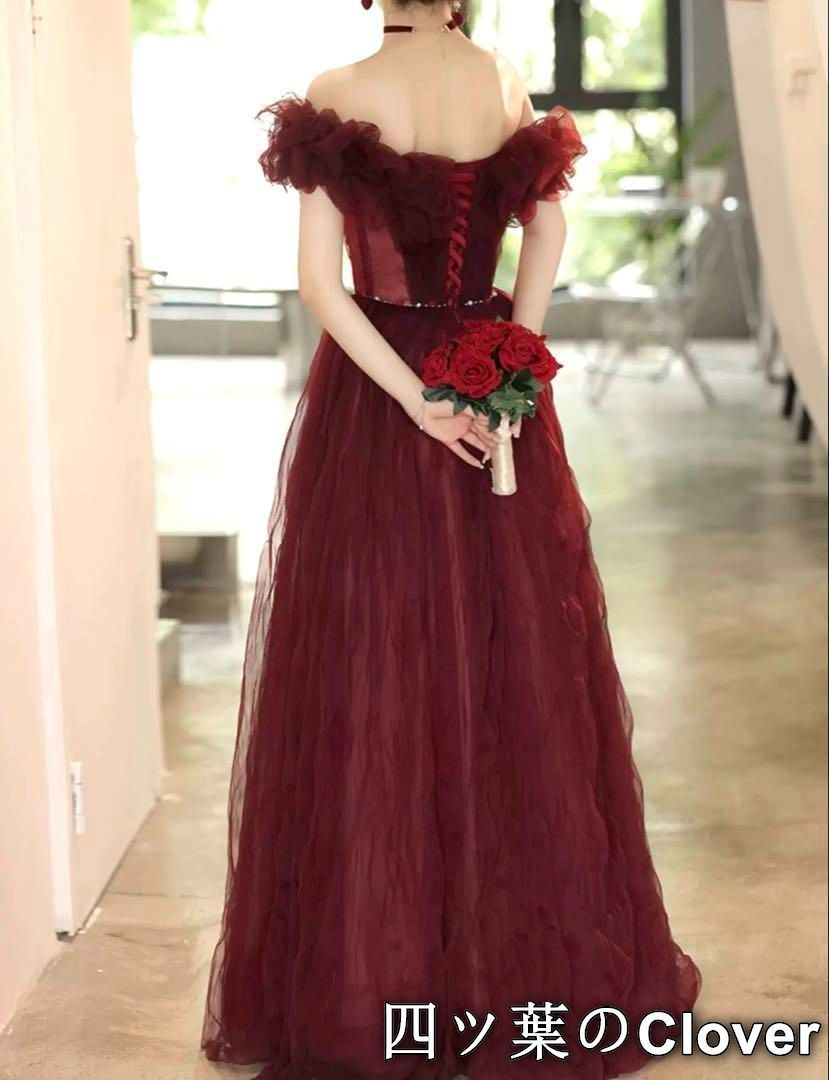 パールがオシャレで可愛い フリル オフショルイブニングドレス パールがオシャレで可愛い フリル オフショルイブニングドレス