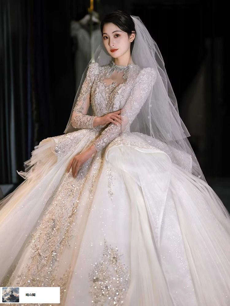 送料無料 長袖ウェディングドレス 法式宮廷風 感重工仕立て 大きなロングトレーン 冬用サイズ展開あり-8.15LYC680夏の新生活