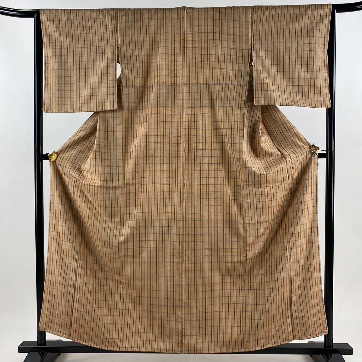 紬 身丈157.5cm 裄丈64cm M 袷 格子 薄オレンジ 正絹 秀品