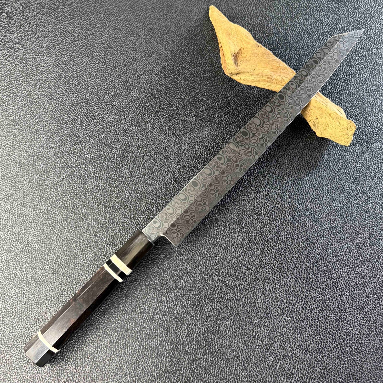 切付柳刃包丁 尺一（刃渡り330mm）ダマスカス鋼 刃付け済・すぐ使える