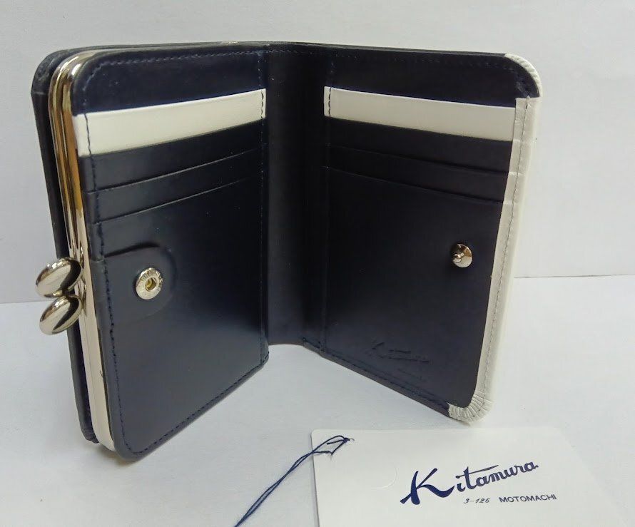 Kitamura キタムラ レザー ダークネイビー ホワイト 長財布 未使用品 未使用！Kitamura/キタムラ☆レザー・二折財布 がま口 ダーク