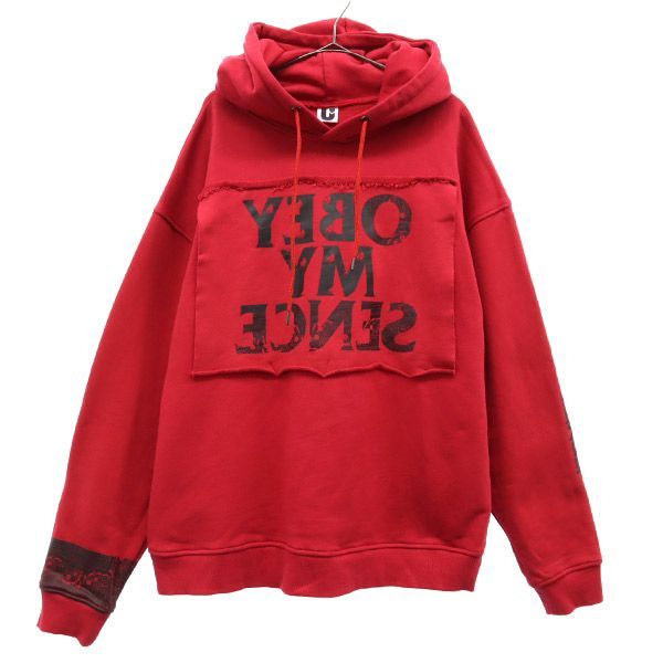 ウーバーワールド プリント 長袖 スウェットパーカー L レッド UVERworld プルオーバー トレーナー メンズ 古着 【231222】
