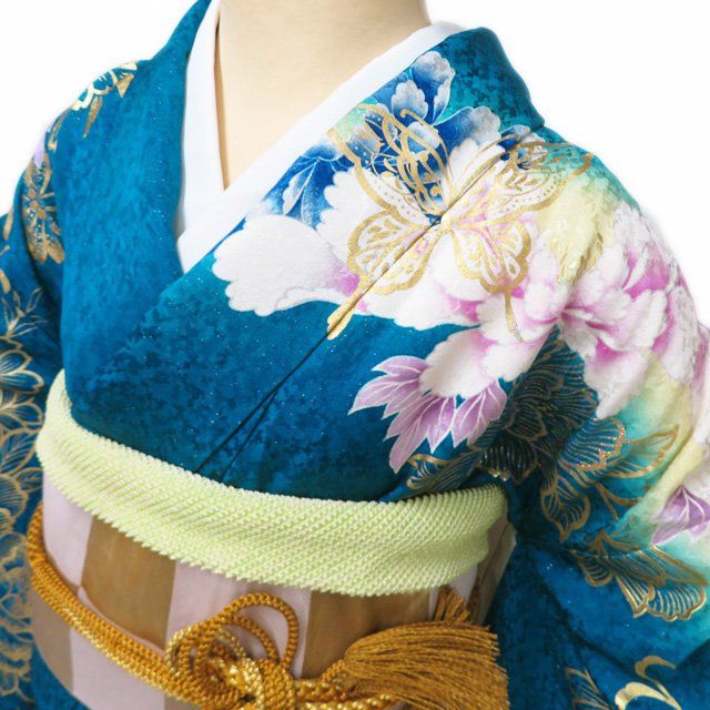 正絹大振袖 振袖 着物 中古 正絹 金彩 花模様 牡丹 桜 蝶 L トール A1159-3