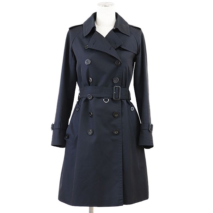 Aquascutum アクアスキュータム トレンチコート ギャバジン コットン|ポリ シグネチャー ロゴ ボタン ライナー取外可 アウター ライナー|ベルト付属 レディース サイズ 4 ネイビー 紺 5008150001-39
