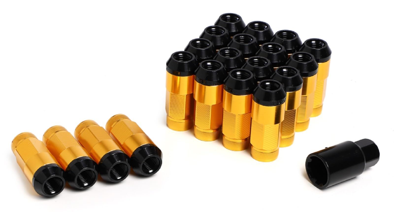 スチール製 ホイールナット スチールナット タイヤナット レーシングナット 上下二分割 アルミ ハイブリット 分割式 ロックナット 貫通ナット ナット 盗難防止 M12 x P1.5 ソケット付き 20本セット ゴールド ゴールド