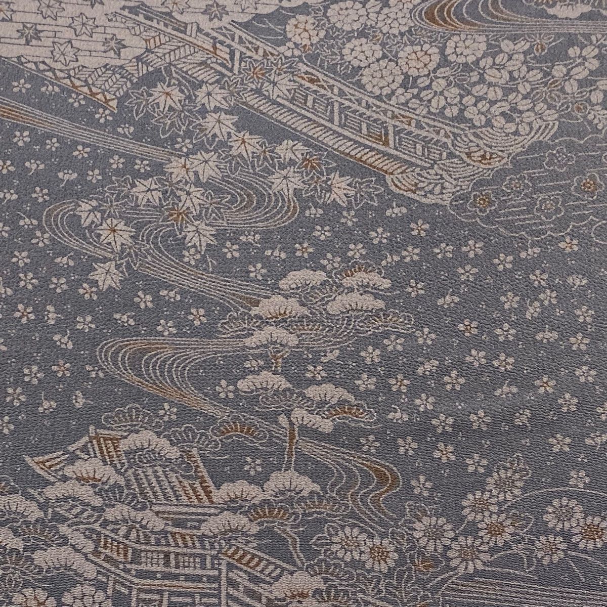 反物 秀品 小紋 草木染 風景 建物 灰色 正絹