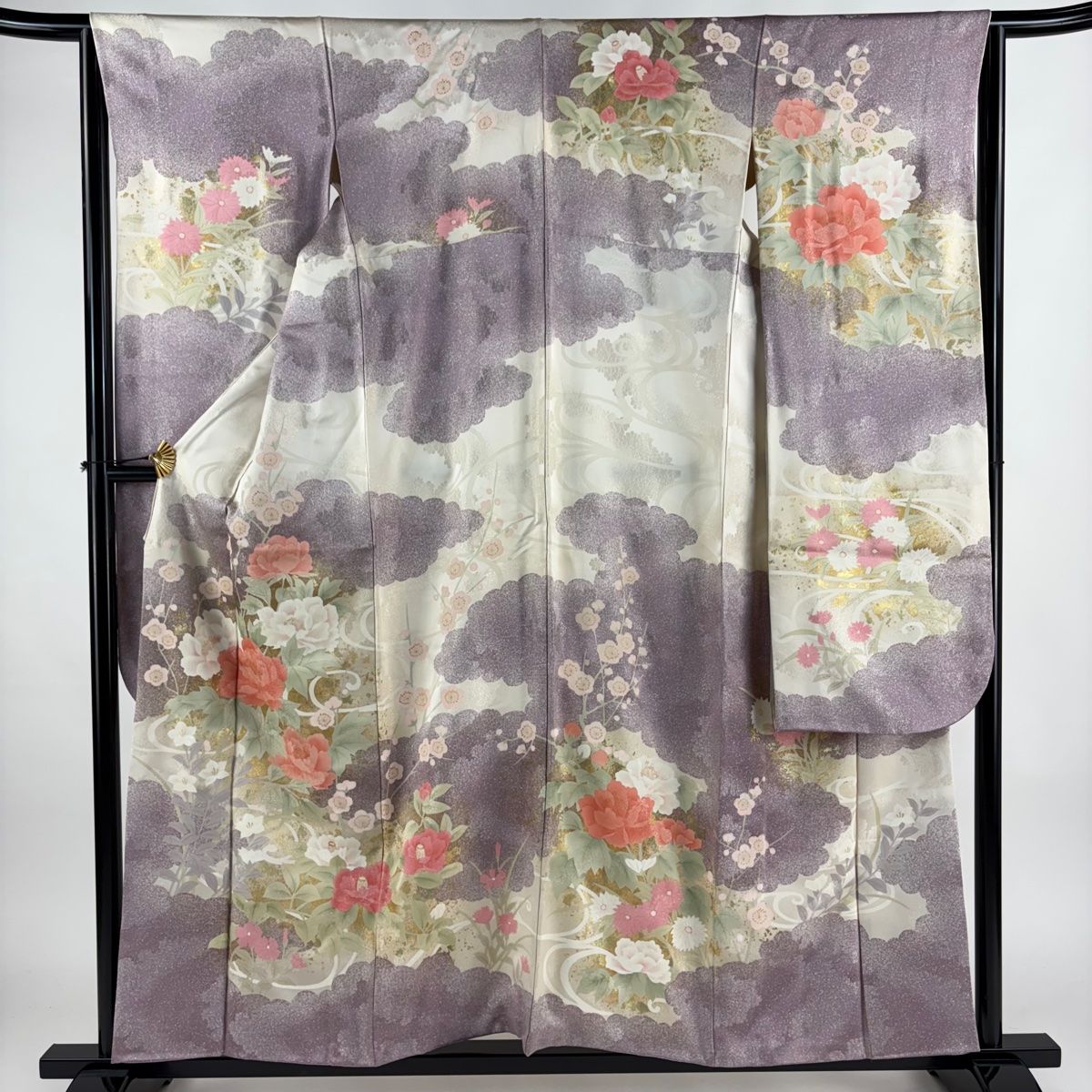 バイセル 着物 優品 反物 着装 付け下げ 薄紫 牡丹 流水 縮緬 正絹 ☆☆☆ 訪問着 身丈164.5cm 裄丈64.5cm M 袷 落款 椿 菊 薄紫 正絹