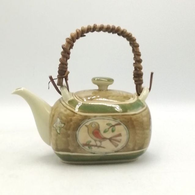 Kiyo 小さい土瓶 土瓶 つる 急須 小鳥 小鳥柄 陶器 レトロ 新品