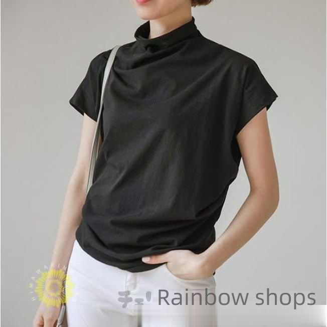 Tシャツ ブラウス トップス 半袖 レディース 春 夏 ベーシック ゆったり ハイネック フレンチスリーブ きれいめ 定番　コットン 大セール 新品未使用】Tシャツ ブラウス トップス 半袖 レディース 春 夏