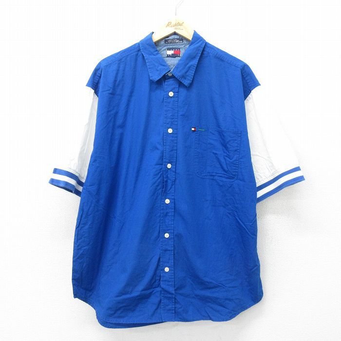 XL/古着 トミーヒルフィガー トミージーンズ 半袖 ブランド シャツ メンズ 90s ワンポイントロゴ ロング丈 ツートンカラー コットン 青他 