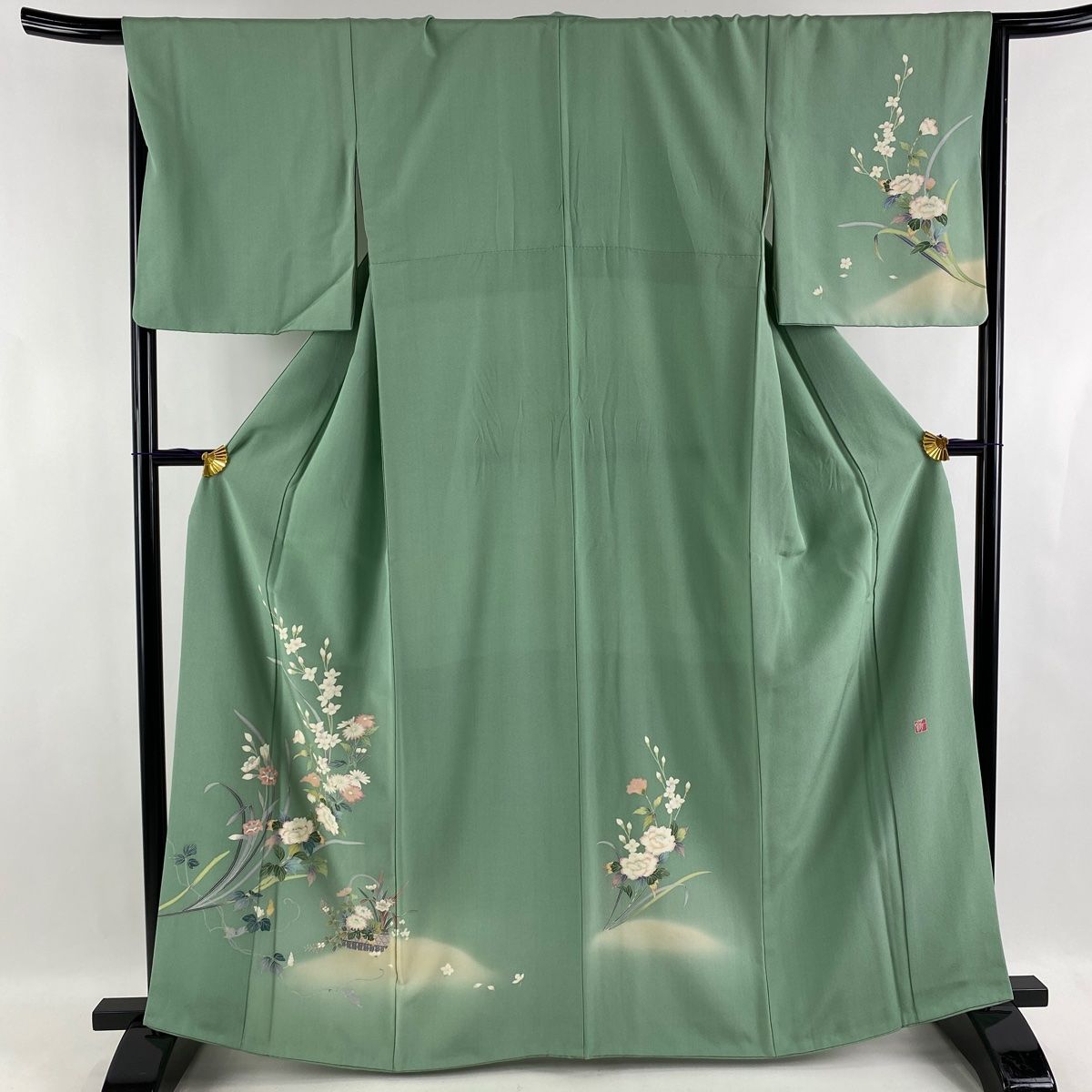 付下げ 名品 落款 坂井 修 草花 花籠 ぼかし 緑 袷 身丈164cm 裄丈67cm