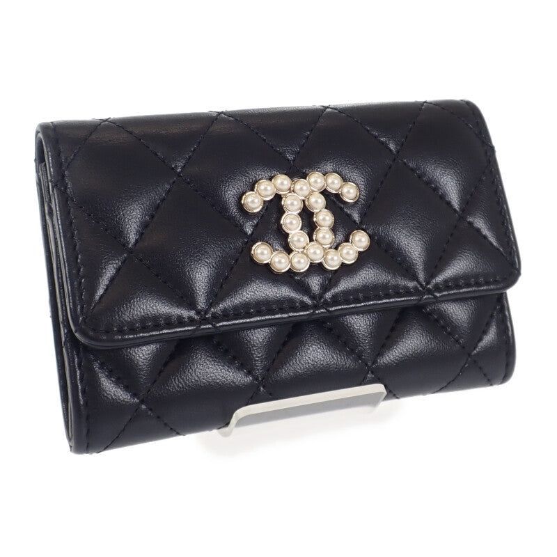 CHANEL CCパール フラット カードケース ラムスキン ブラック ゴールド金具