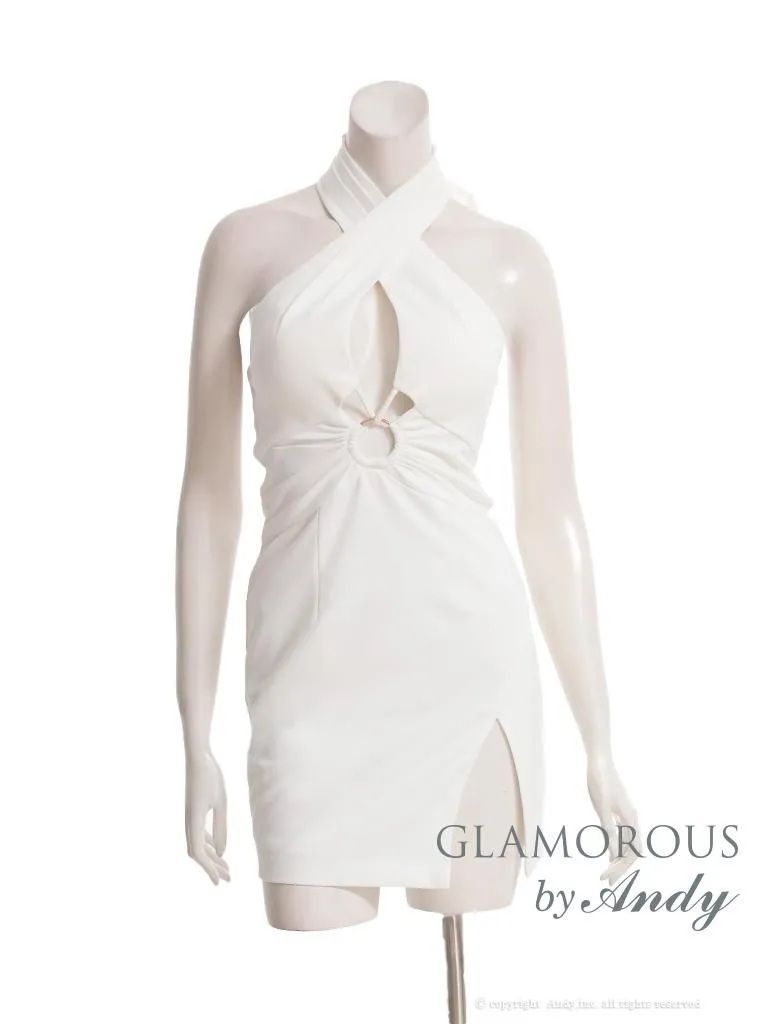 Sホワイト OF05 GMS-V888-R-2510 Andy GLAMOROUS|アンディグラマラス ホルターネック| リボン| バストカットアウト| スリット| タイト| ミニドレス| キャバドレス