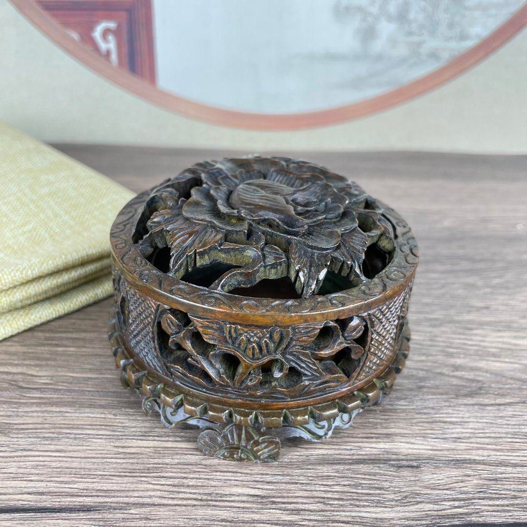 銅細工 円形花香炉 香道具 装飾品 工芸品 美術品 置物