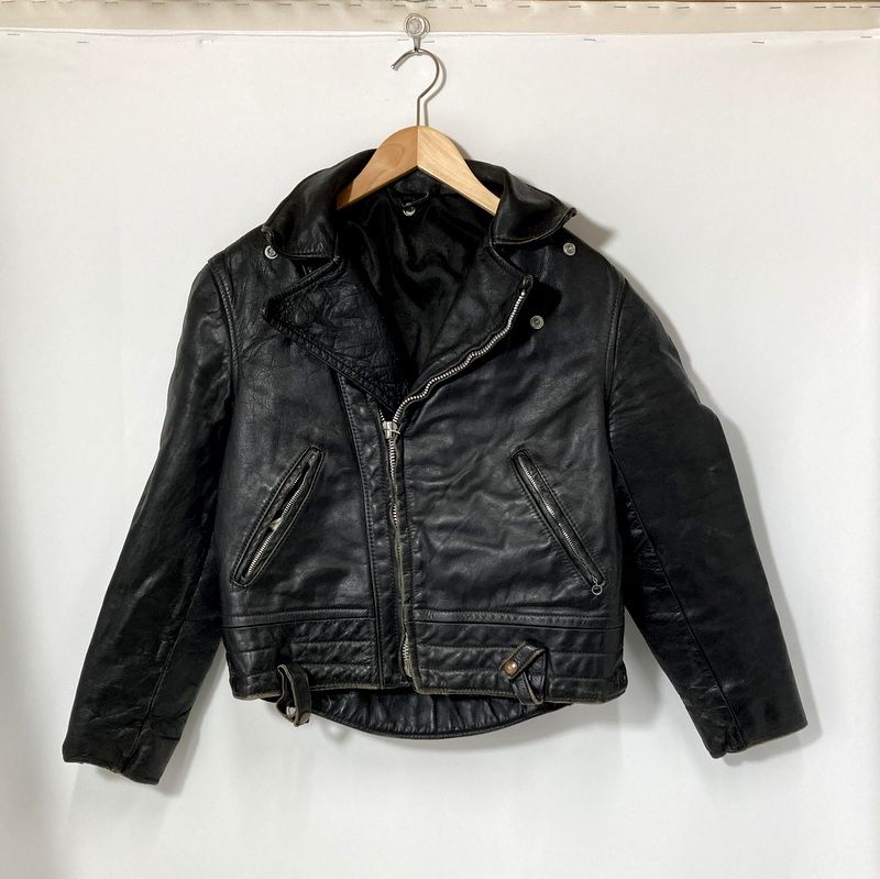 60s ダブルライダースジャケット レザージャケット 革ジャン カジュアル 古着 メンズ Mサイズ相当 ブラック ジャケット A14822◆