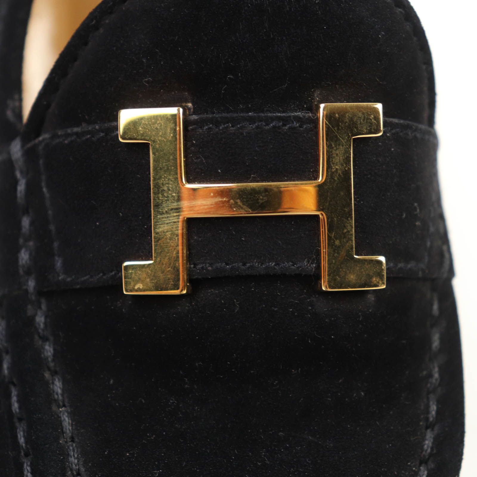 エルメス　黒のレザーローファー ゴールドＨ金具付き 美品☆HERMES エルメス ゴールド金具 Hロゴ金具付 チャンキー
