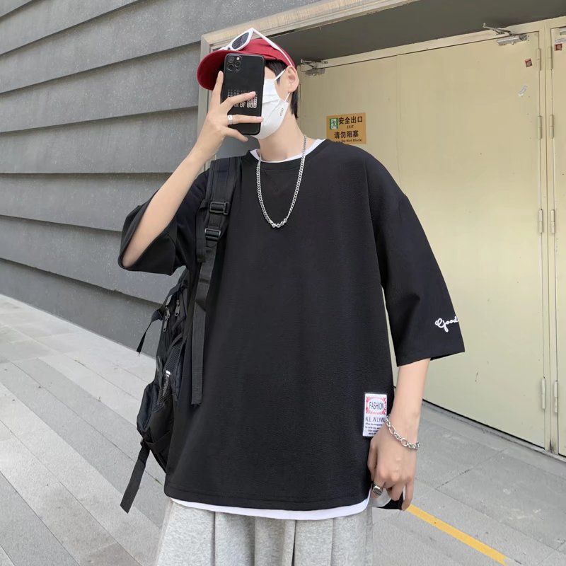 Tシャツ  メンズ 無地 袖刺繍 ルーズ ビッグシルエット 五分袖 トップス カジュアル ゆったり 半袖Tシャツ  無地 薄手 レイヤード 夏 夏服 ファッション fuhai30 thumbnail 7