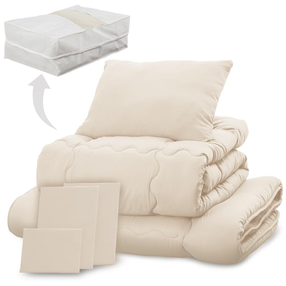 商品 アイリスプラザ すぐ使える布団7点セット シングル 抗菌防臭 すっきり収納ケース付き しっとりなめらかピーチスキン加工 掛け布団 敷布団 枕 各カバー付き アイボリー