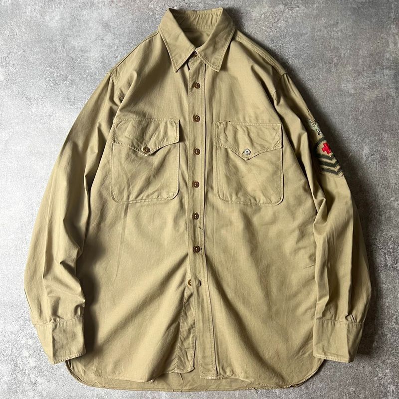 40年代 米軍 ヴィンテージミリタリーシャツ マスタードシャツ 40s 米軍実物 US ARMY マチ付き 長袖 コットン シャツ / 40年代