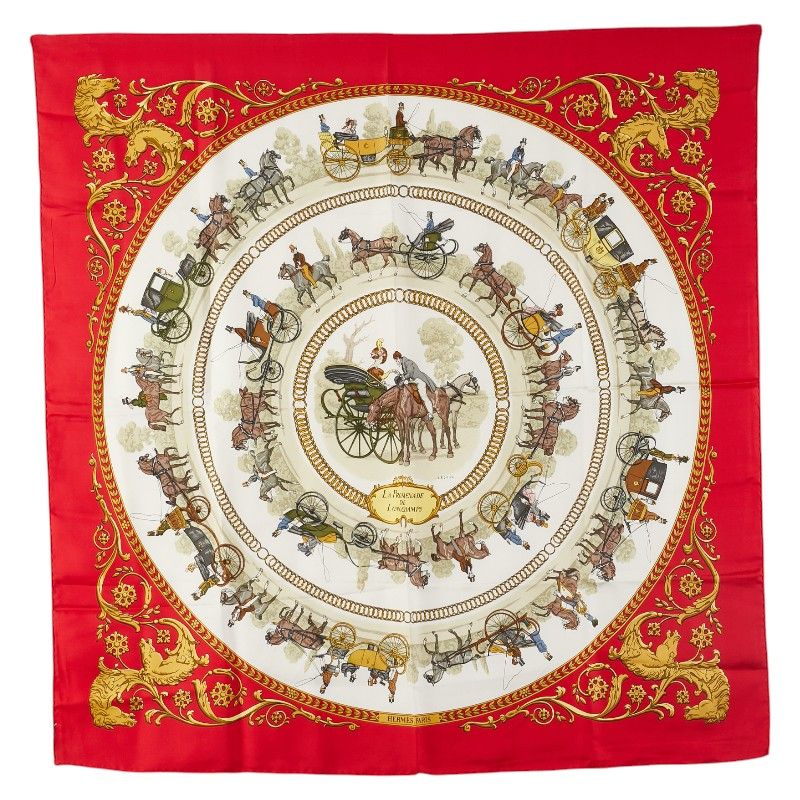 エルメス カレ90 LA PROMENADE DE LONGCHAMPS ロンシャンへの散歩 レッド ゴールド マルチ シルク レディース HERMES 228-16408
