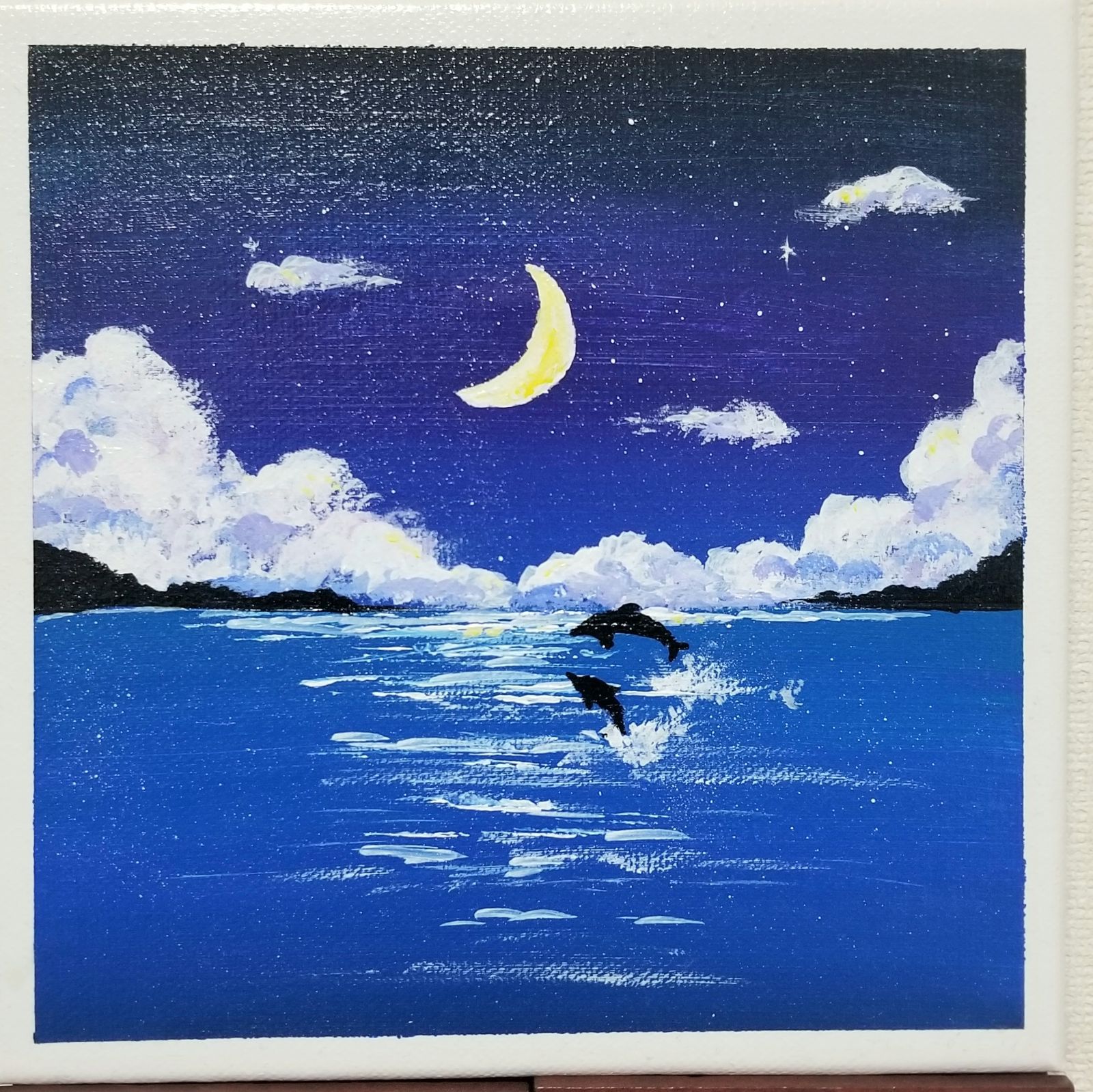 アクリル画(原画)夜の海、イルカ、月明かり RandY(ランディ) メルカリ