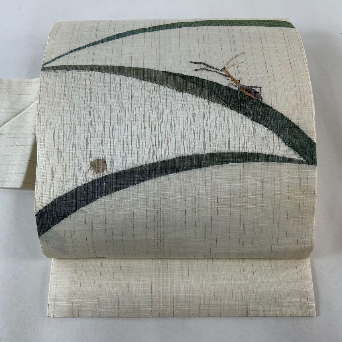 名古屋帯 秀品 落款 夏帯 露芝 カマキリ 金銀糸 ベージュ 正絹