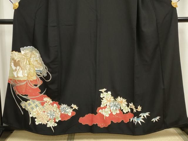 平和屋着物□豪華黒留袖 駒刺繍 扇面花鳥文 金糸 金彩 正絹 逸品