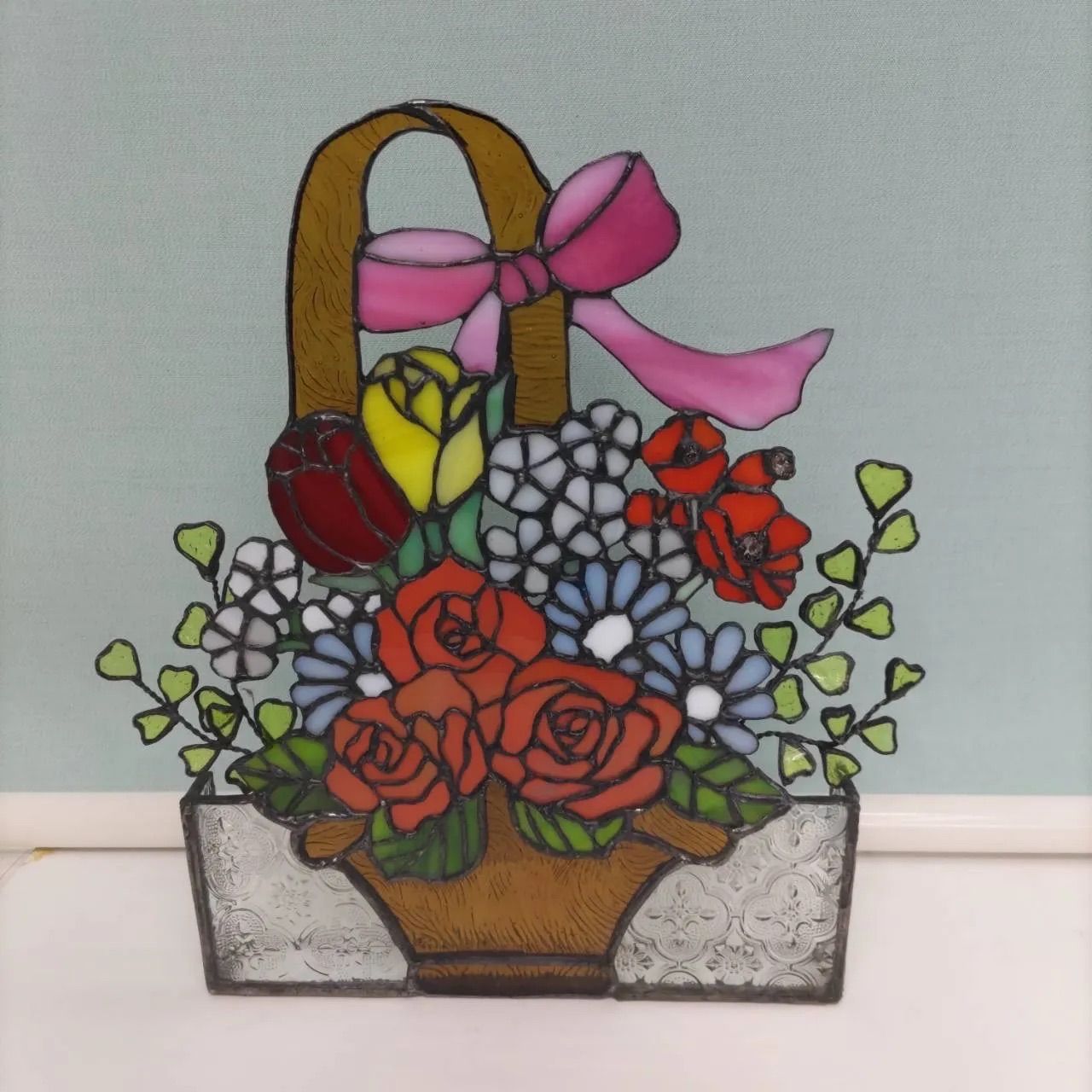 新作ステンドグラス花束ブーケ ガラスインテリア花籠置物