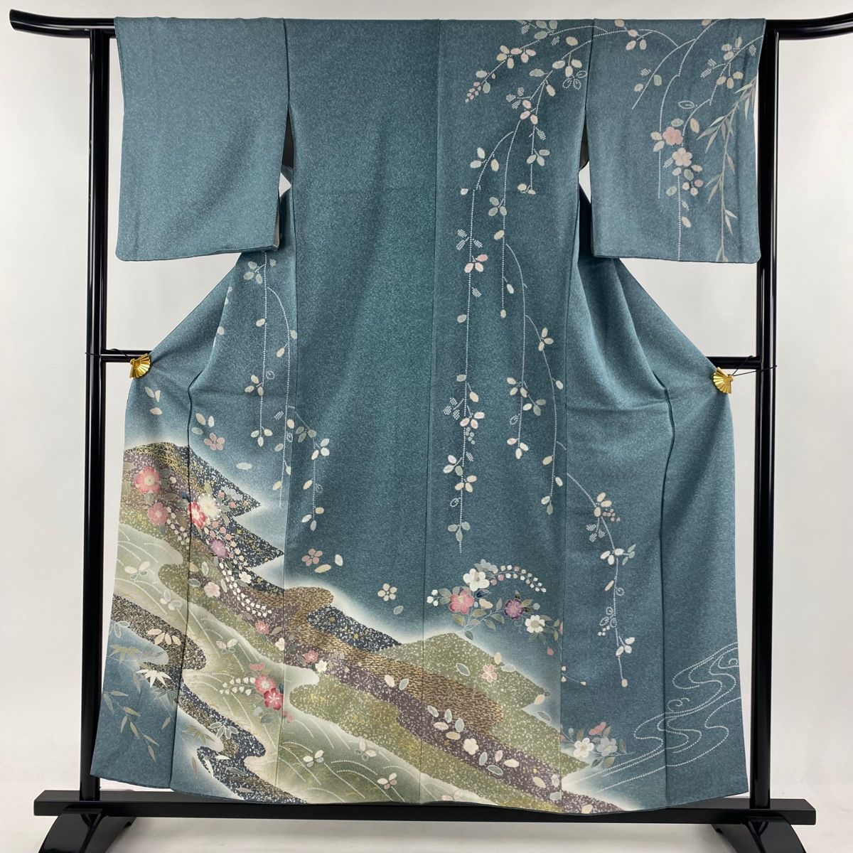 訪問着 身丈157.5cm 裄丈63cm S 袷 草花 波 金彩 ぼかし 灰緑 正絹  