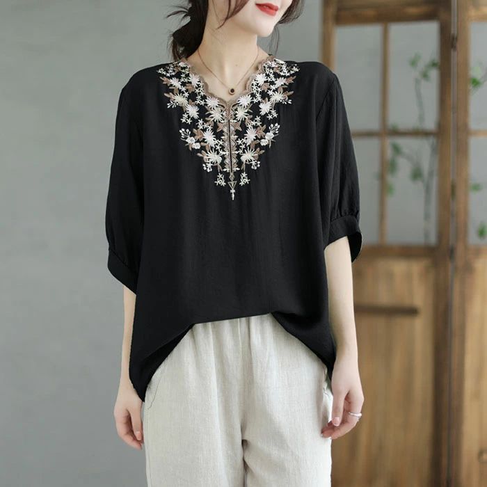 ブラウス 五分袖 レディース 夏 チュニック 花柄 半袖 トップス プル