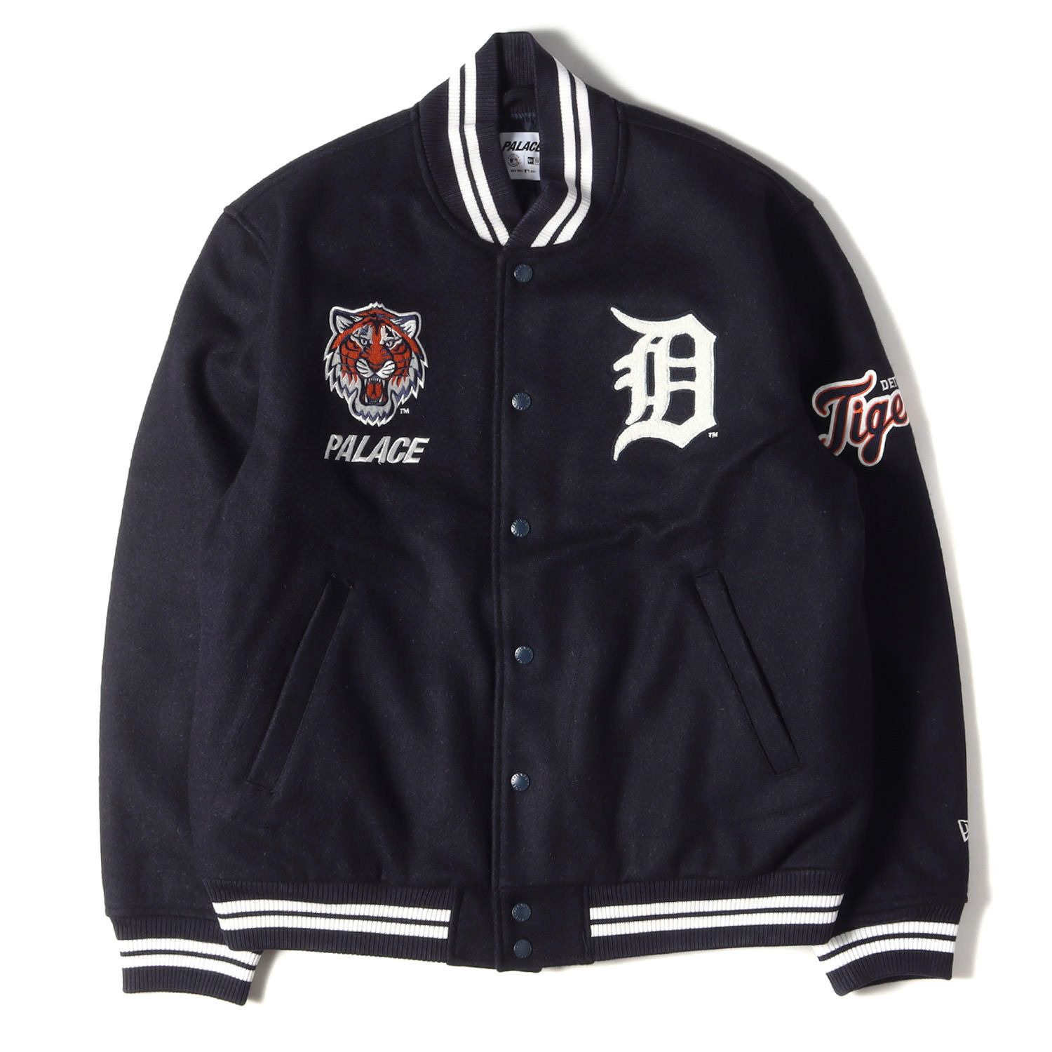 新品 PALACE パレス ジャケット NEW ERA ニューエラ Detroit Tigers デトロイトタイガース メルトンウール スタジャン  Wool Stadium Jacket 22SS ネイビー 紺 M アウター ブルゾン コラボ