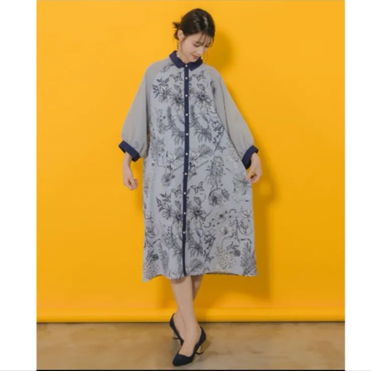 iS ScoLar ストライプ花柄シャツワンピース