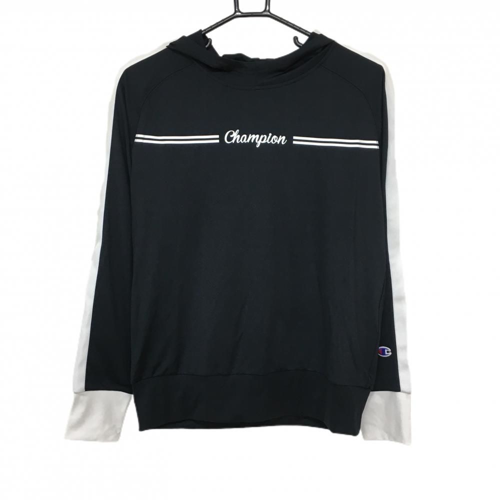 【美品】チャンピオン フード付長袖Tシャツ 黒×白 バイカラー パーカー レディース L ゴルフウェア Champion