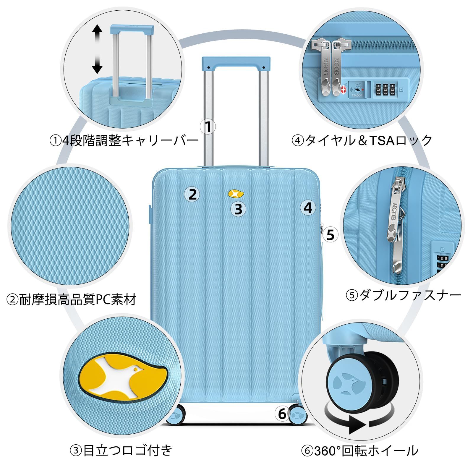 特価商品】[MGOB] スーツケース キャリーケース 機内持ち込み 40L 3泊4日 ピュアPC材質 軽量 静音 大容量 TSAロック搭載  ファスナー式 旅行用 海外旅行 ビジネス 出張 Sサイズ M15 ブルー - メルカリ