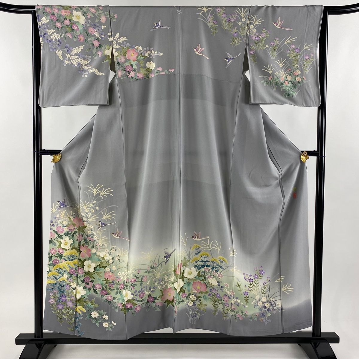 訪問着 身丈154.5cm 裄丈65cm M 袷 落款 草花 鳥 ぼかし 灰色 正絹 秀品 一つ紋