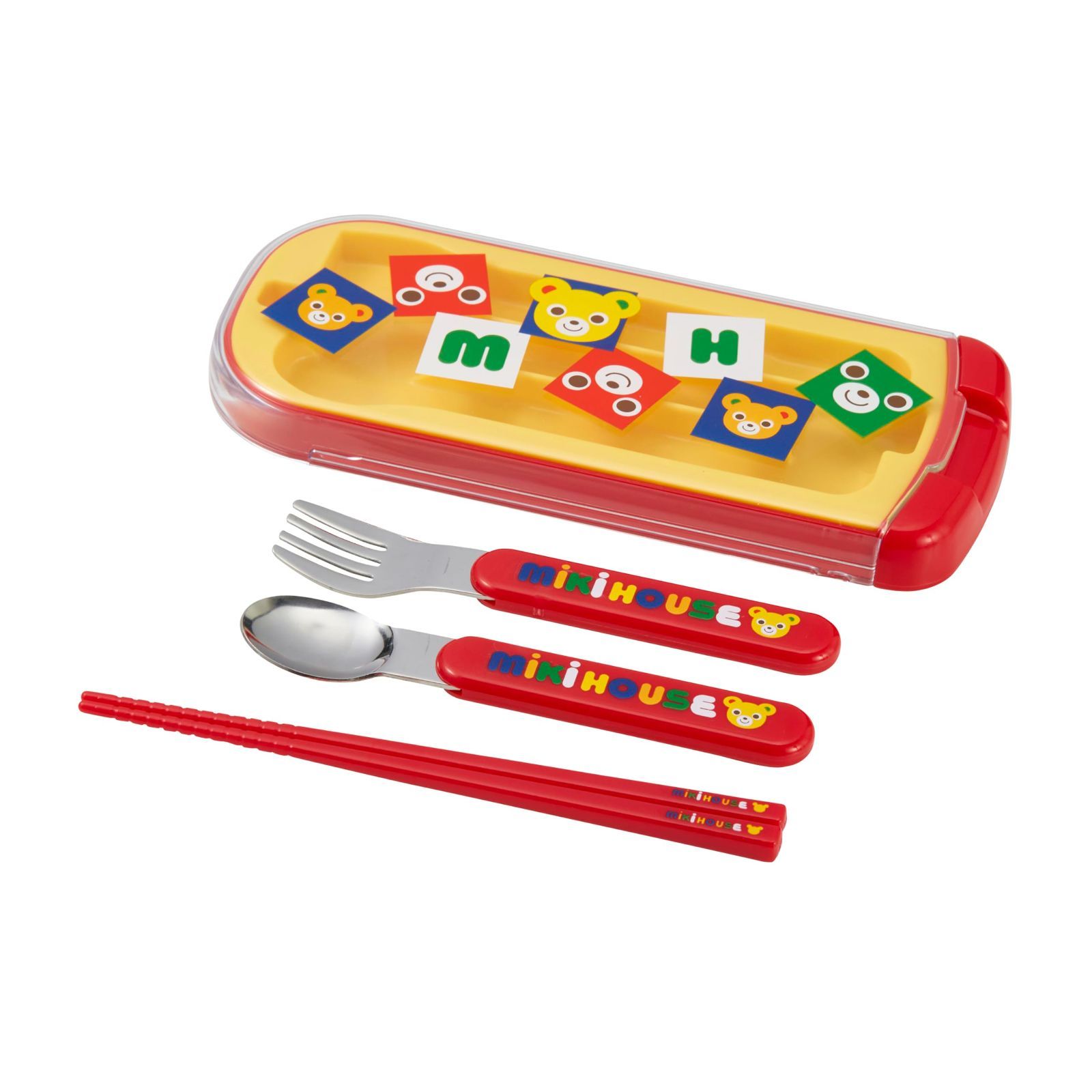新品 [ミキハウス] トリオセット はし スプーン フォーク ロゴ くま うさぎ 日本製 食洗機可 男の子 女の子 ベビー キッズ 幼稚園 保育園 子供服 15-4157-681 マルチカラー