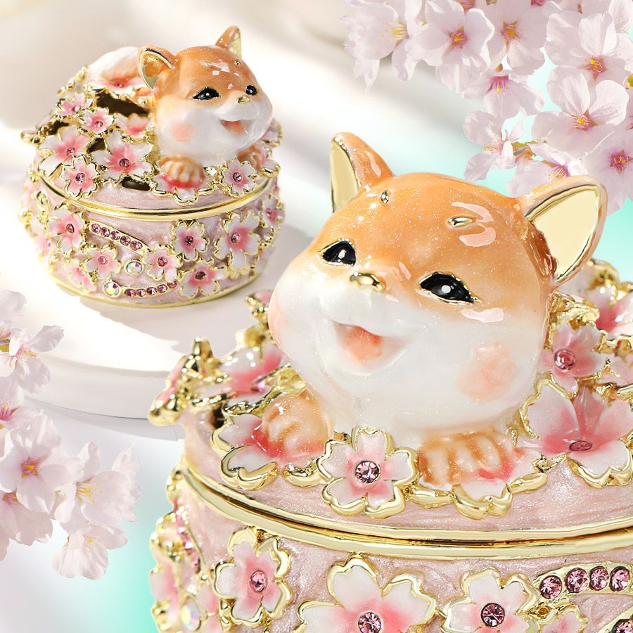 EX617 柴犬のお花見 クリスタルジュエリーボックス 手作り 東京