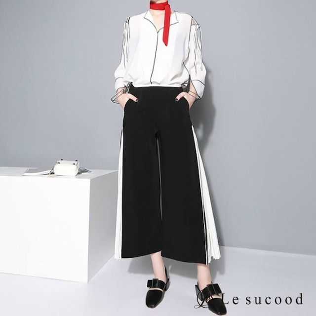 Le sucood サイドプリーツ フレアパンツ ロング ガウチョ ワイド