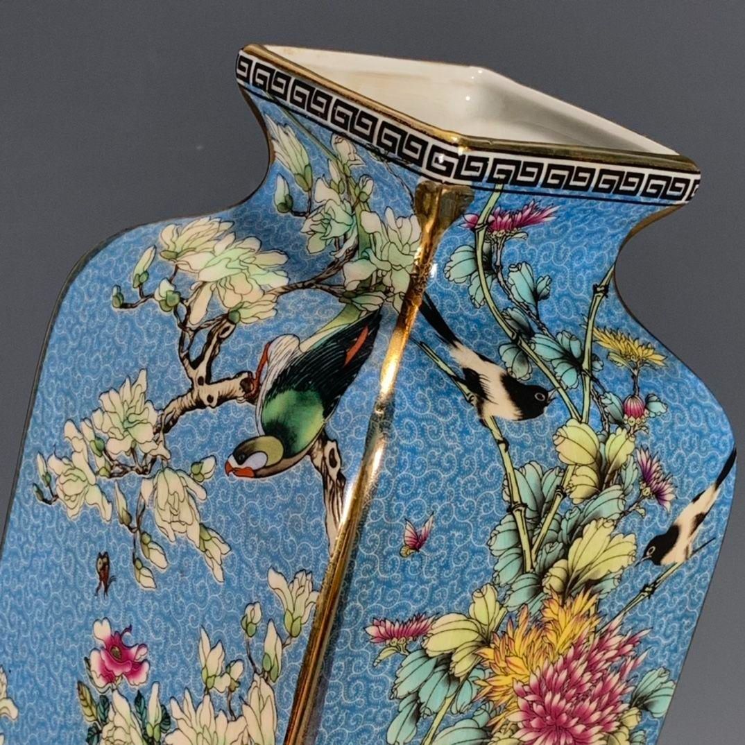 パステル琺瑯彩花鳥蒔絵藍釉四方花瓶 景徳鎮 陶磁器 装飾品 工芸