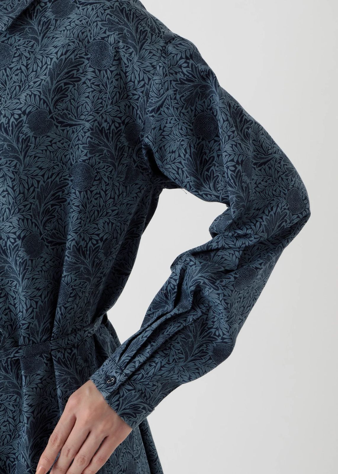 新作] V&A オーガニックコットンサテン シャツワンピース アップル柄