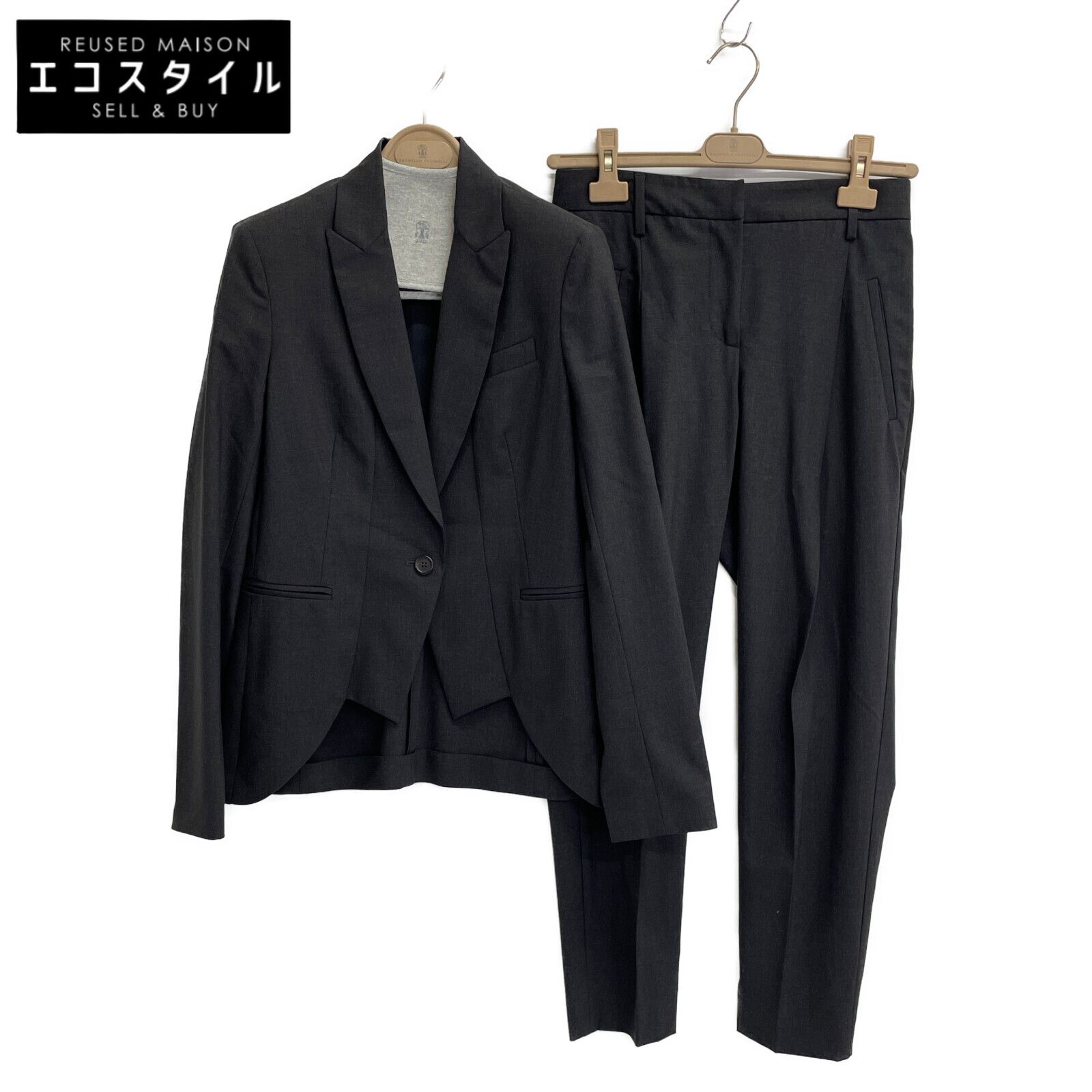 BRUNELLO CUCINELLI ブルネロクチネリ ｸﾞﾚｰ ｶｼﾐﾔ混 ｼﾞｬｹｯﾄ､ﾊﾟﾝﾂ ｾｯﾄｱｯﾌﾟ 38