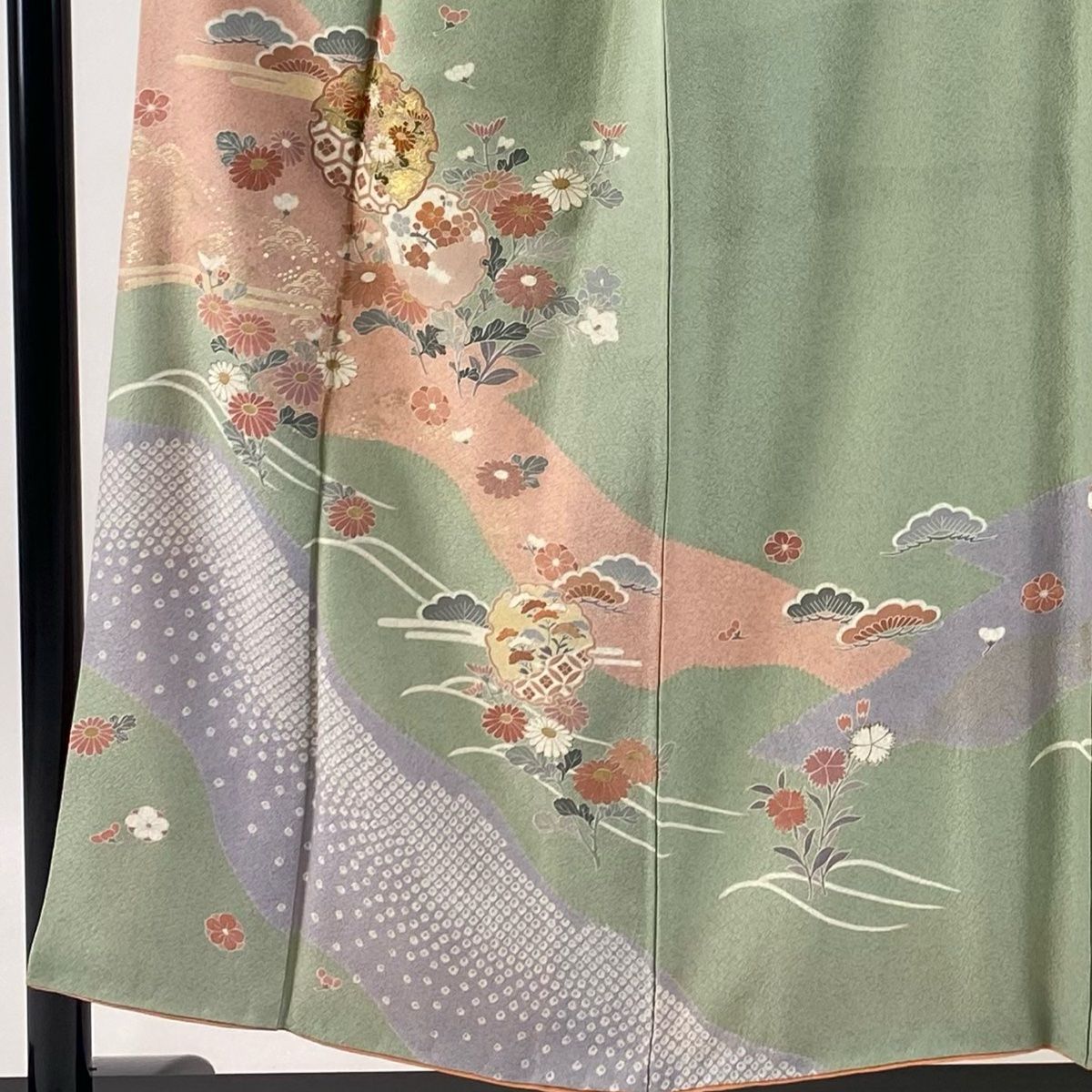 訪問着 身丈151.5cm 裄丈66.5cm M 袷 雪輪 菊 金彩 染め分け 薄緑 正絹 秀品 一つ紋